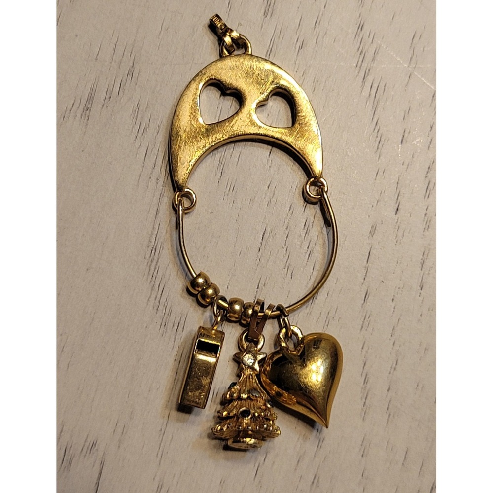 Vtg MONET Gold-tone Charm Holder Pendant w Heart, Christmas Tree And Whistle - Picture 3 of 8
